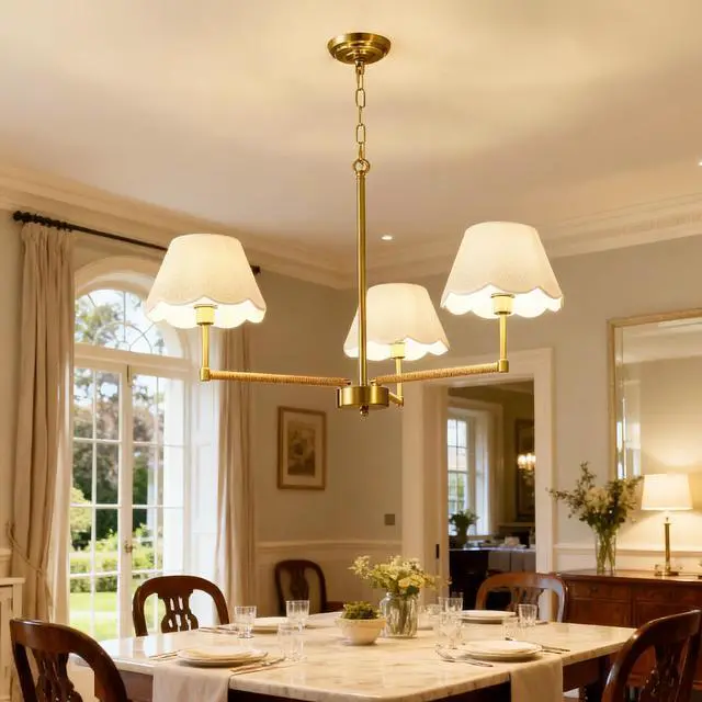 Alt view image 3 of 7 - 3-Light Contemporary Rope + Fabric Shade Chandelier,Gold Chandelier,Chandelier Romantic Golden,Adjustable Pendant Lights Living Room Dining Room Decoration Lamp Custom Hotel Project Lighting - Gold-