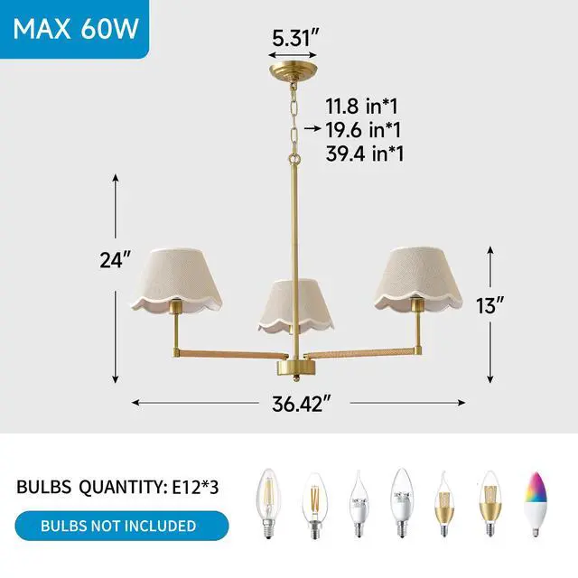 Alt view image 7 of 7 - 3-Light Contemporary Rope + Fabric Shade Chandelier,Gold Chandelier,Chandelier Romantic Golden,Adjustable Pendant Lights Living Room Dining Room Decoration Lamp Custom Hotel Project Lighting - Gold-