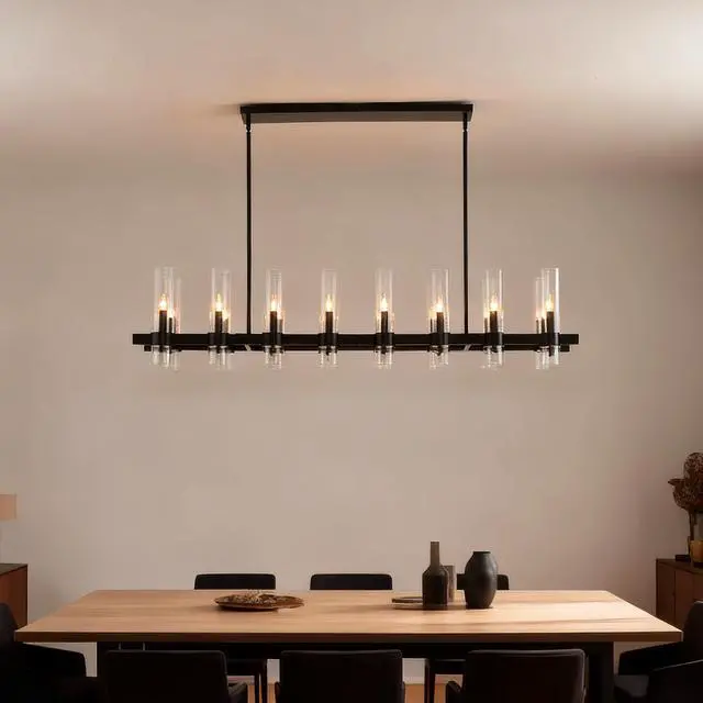 Alt view image 4 of 7 - 63 inch Black Chandelier Linear with Clear Glass Shade, 16-Lights Modern Farmhouse Ceiling Pendant Hanging Light Fixture Over Table, for Dining Room, Kitchen Island--No included Bulbs