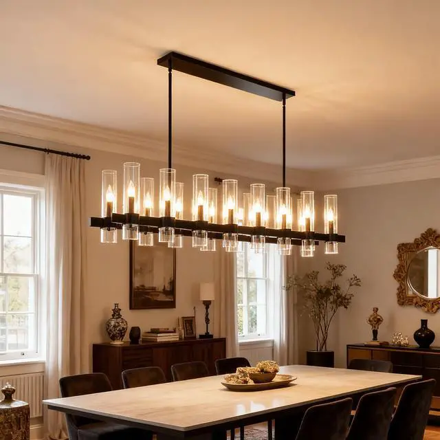 Alt view image 3 of 7 - 63 inch Black Chandelier Linear with Clear Glass Shade, 16-Lights Modern Farmhouse Ceiling Pendant Hanging Light Fixture Over Table, for Dining Room, Kitchen Island--No included Bulbs