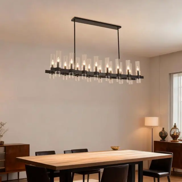 Alt view image 2 of 7 - 63 inch Black Chandelier Linear with Clear Glass Shade, 16-Lights Modern Farmhouse Ceiling Pendant Hanging Light Fixture Over Table, for Dining Room, Kitchen Island--No included Bulbs