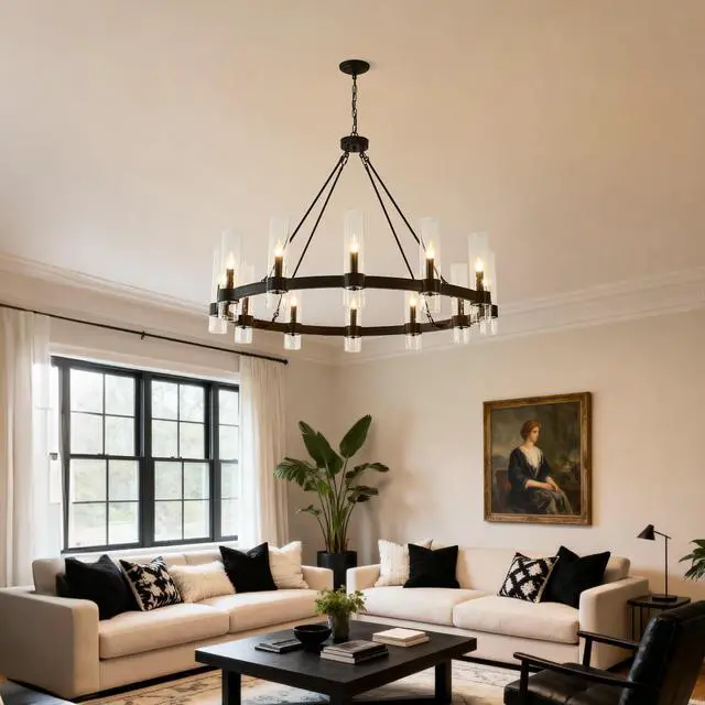 Alt view image 3 of 7 - 43.3''Matte Black Wagon Wheel Chandelier with 12 Lights (No Bulbs)