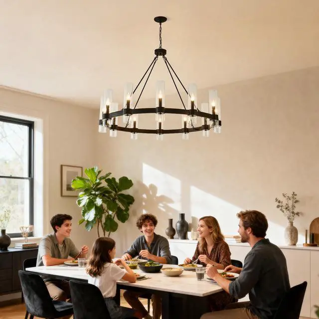 Alt view image 4 of 7 - 43.3''Matte Black Wagon Wheel Chandelier with 12 Lights (No Bulbs)