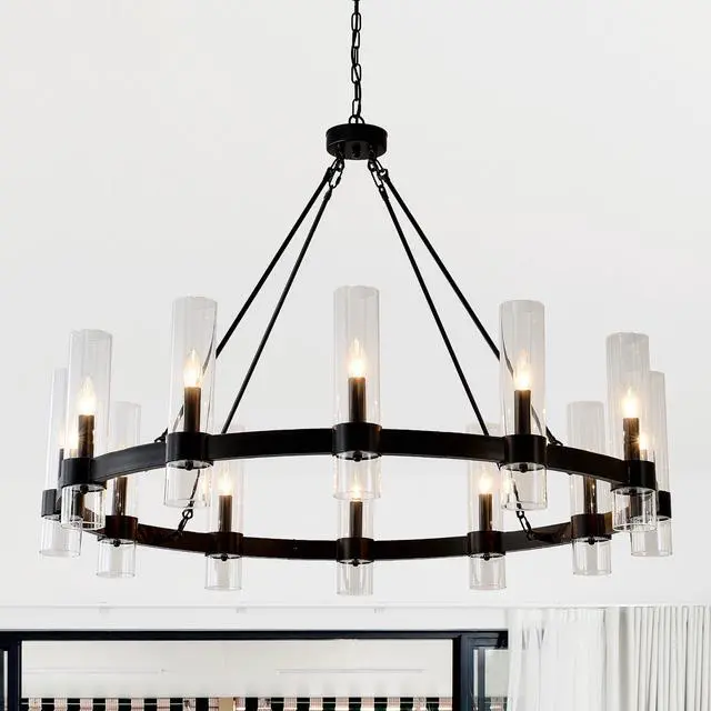 Main image of 43.3''Matte Black Wagon Wheel Chandelier with 12 Lights (No Bulbs)