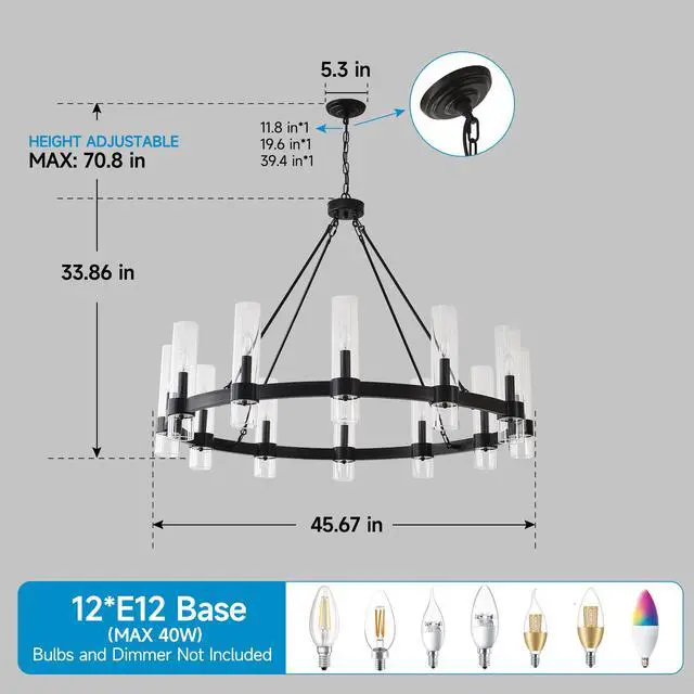 Alt view image 7 of 7 - 43.3''Matte Black Wagon Wheel Chandelier with 12 Lights (No Bulbs)
