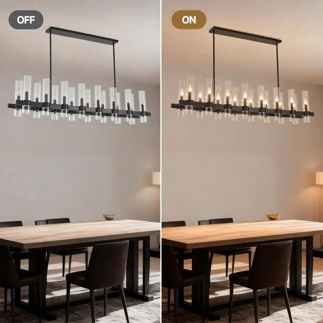 Alt view image 6 of 7 - 63 inch Black Chandelier Linear with Clear Glass Shade, 16-Lights Modern Farmhouse Ceiling Pendant Hanging Light Fixture Over Table, for Dining Room, Kitchen Island--No included Bulbs