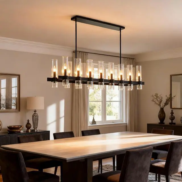 Alt view image 5 of 7 - 63 inch Black Chandelier Linear with Clear Glass Shade, 16-Lights Modern Farmhouse Ceiling Pendant Hanging Light Fixture Over Table, for Dining Room, Kitchen Island--No included Bulbs