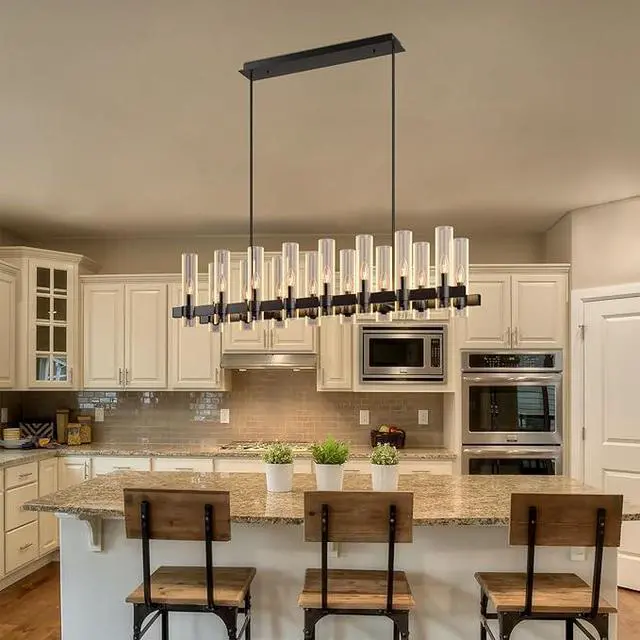 Alt view image 3 of 7 - Black Chandelier Linear with Clear Glass Shade, 12-Lights Modern Farmhouse Ceiling Pendant Hanging Light Fixture Over Table, for Dining Room, Kitchen Island--No included Bulbs