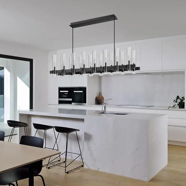 Alt view image 2 of 7 - Black Chandelier Linear with Clear Glass Shade, 12-Lights Modern Farmhouse Ceiling Pendant Hanging Light Fixture Over Table, for Dining Room, Kitchen Island--No included Bulbs