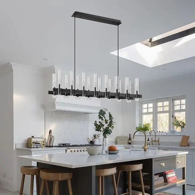 Alt view image 4 of 7 - Black Chandelier Linear with Clear Glass Shade, 12-Lights Modern Farmhouse Ceiling Pendant Hanging Light Fixture Over Table, for Dining Room, Kitchen Island--No included Bulbs