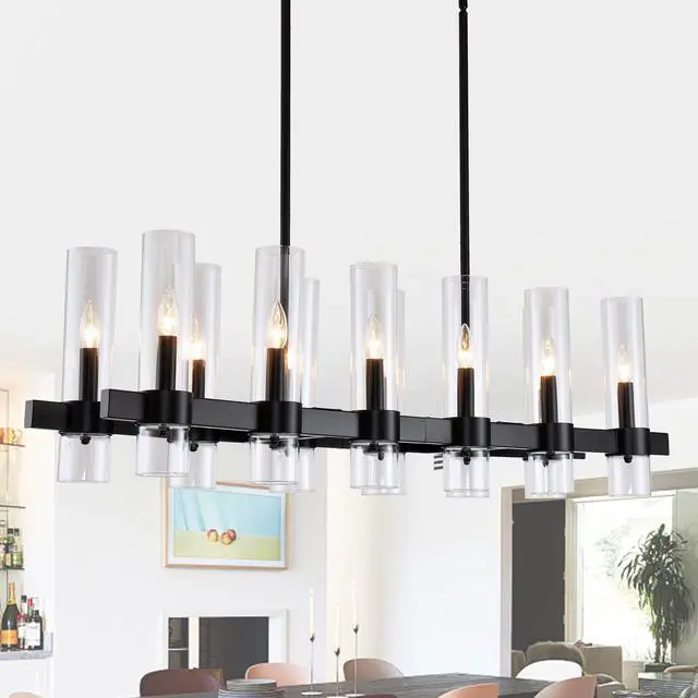 Main image of Black Chandelier Linear with Clear Glass Shade, 12-Lights Modern Farmhouse Ceiling Pendant Hanging Light Fixture Over Table, for Dining Room, Kitchen Island--No included Bulbs