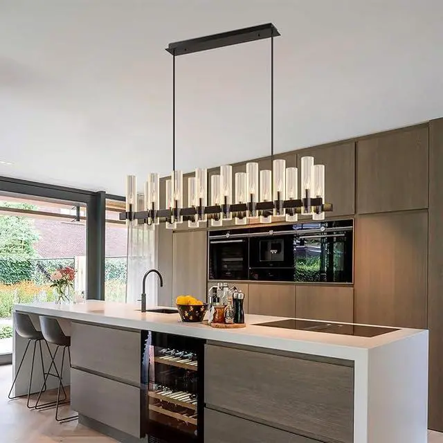 Alt view image 6 of 7 - Black Chandelier Linear with Clear Glass Shade, 12-Lights Modern Farmhouse Ceiling Pendant Hanging Light Fixture Over Table, for Dining Room, Kitchen Island--No included Bulbs