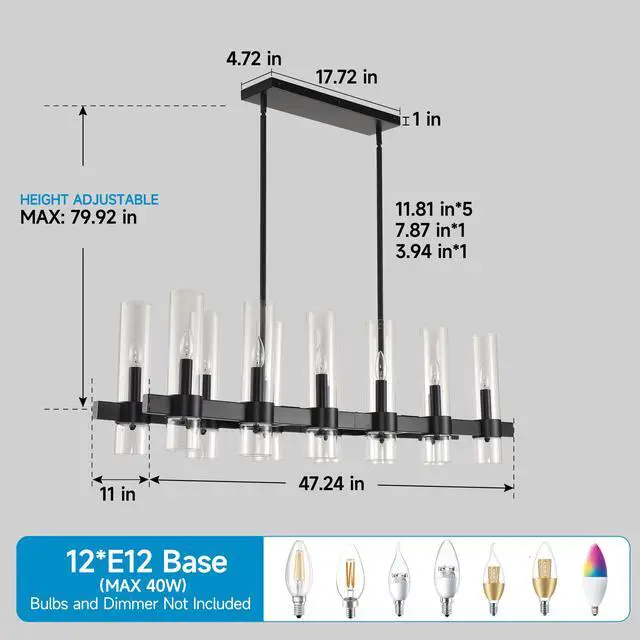 Alt view image 7 of 7 - Black Chandelier Linear with Clear Glass Shade, 12-Lights Modern Farmhouse Ceiling Pendant Hanging Light Fixture Over Table, for Dining Room, Kitchen Island--No included Bulbs