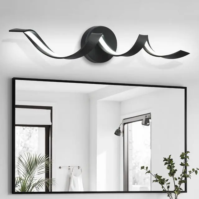 Main image of Modern Led Bathroom Vanity Lights, 24inch Dimmable Black Bathroom Lighting Fixture Over Mirror 15W Spiral Design Led Wall Light Fixtures--Black