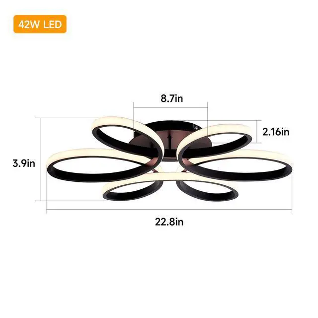Alt view image 5 of 7 - 23 inch Modern Led Ceiling Light, 6 Rings Flower Flush Mount Light Fixture with Remote Control Black Dimmable Ceiling Lamp for Living Room, Bedroom, Dining Room, Hallway, Kitchen