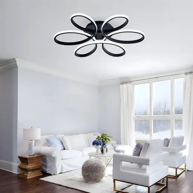 Alt view image 2 of 7 - 23 inch Modern Led Ceiling Light, 6 Rings Flower Flush Mount Light Fixture with Remote Control Black Dimmable Ceiling Lamp for Living Room, Bedroom, Dining Room, Hallway, Kitchen