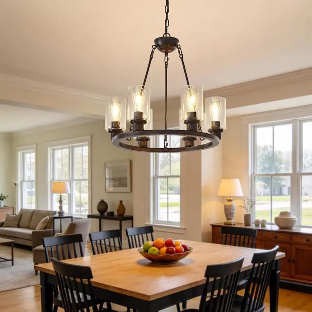 Alt view image 3 of 7 - 23.62'' Modern 6-Light Black Wagon Wheel Chandelier with Light(No Bulbs) for Bedroom Bathroom,Living Room--E26--Coffee Brown