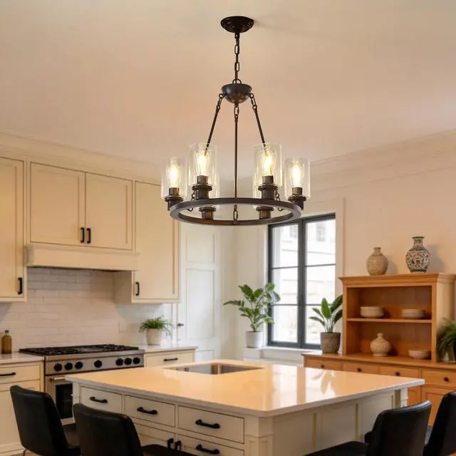 Alt view image 6 of 7 - 23.62'' Modern 6-Light Black Wagon Wheel Chandelier with Light(No Bulbs) for Bedroom Bathroom,Living Room--E26--Coffee Brown