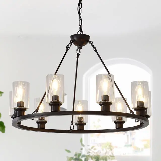 Main image of 34.25'' Modern 9-Light Black Wagon Wheel Chandelier with Light (No Bulbs) for Living Room Dining Room Kitchen--E26--Coffee Brown