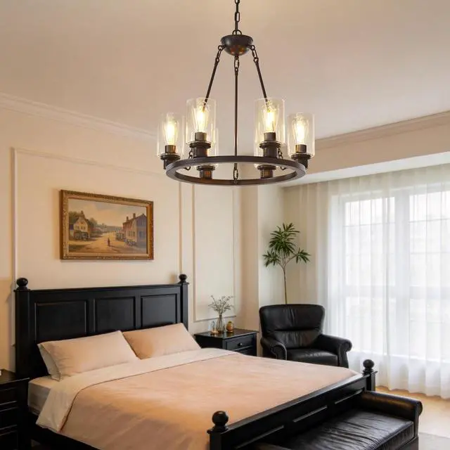 Alt view image 7 of 7 - 23.62'' Modern 6-Light Black Wagon Wheel Chandelier with Light(No Bulbs) for Bedroom Bathroom,Living Room--E26--Coffee Brown