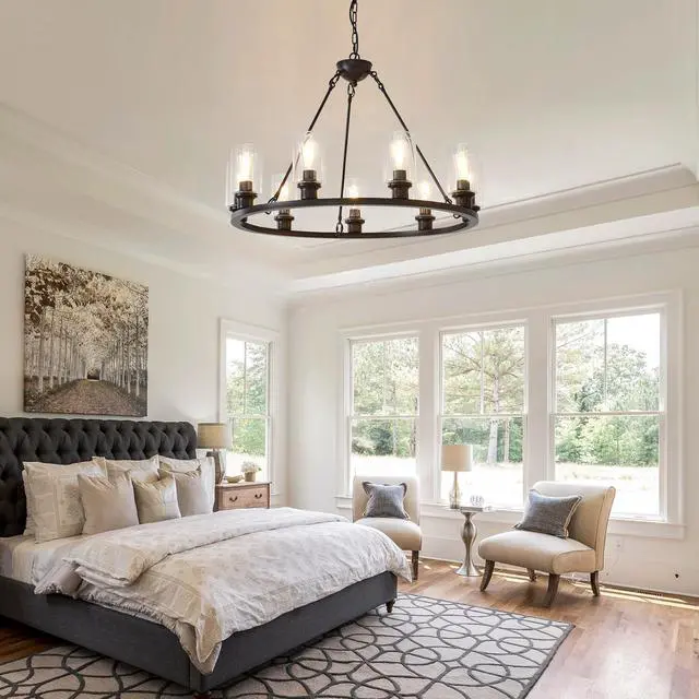 Alt view image 4 of 7 - 34.25'' Modern 9-Light Black Wagon Wheel Chandelier with Light (No Bulbs) for Living Room Dining Room Kitchen--E26--Coffee Brown