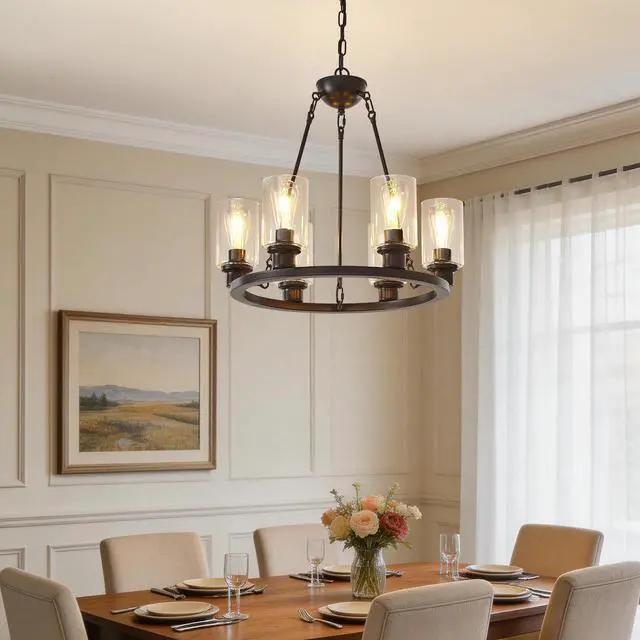 Alt view image 4 of 7 - 23.62'' Modern 6-Light Black Wagon Wheel Chandelier with Light(No Bulbs) for Bedroom Bathroom,Living Room--E26--Coffee Brown