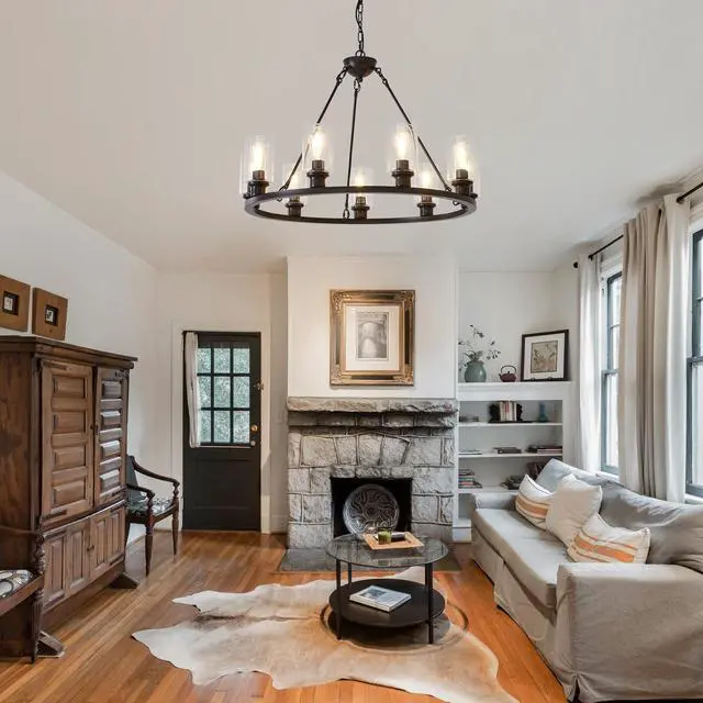 Alt view image 3 of 7 - 34.25'' Modern 9-Light Black Wagon Wheel Chandelier with Light (No Bulbs) for Living Room Dining Room Kitchen--E26--Coffee Brown