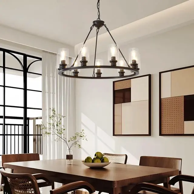Alt view image 2 of 7 - 34.25'' Modern 9-Light Black Wagon Wheel Chandelier with Light (No Bulbs) for Living Room Dining Room Kitchen--E26--Coffee Brown