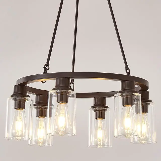 Alt view image 2 of 7 - 23.62'' Modern 6-Light Black Wagon Wheel Chandelier with Light(No Bulbs) for Bedroom Bathroom,Living Room--E26--Coffee Brown