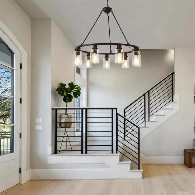 Alt view image 6 of 7 - 34.25'' Modern 9-Light Black Wagon Wheel Chandelier with Light (No Bulbs) for Living Room Dining Room Kitchen--E26--Coffee Brown