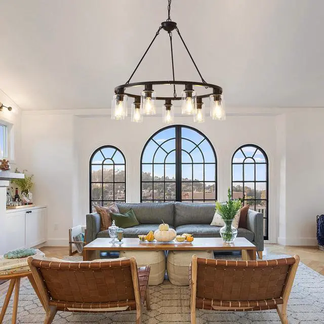 Alt view image 7 of 7 - 34.25'' Modern 9-Light Black Wagon Wheel Chandelier with Light (No Bulbs) for Living Room Dining Room Kitchen--E26--Coffee Brown