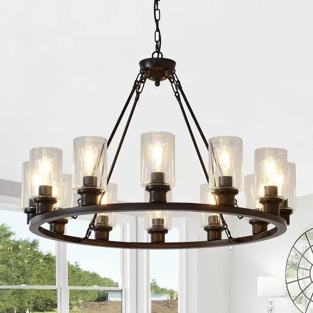 Main image of Black Wagon Wheel Chandelier 34.25inch Modern Farmhouse Glass Pendant Light 12-Light Ceiling Hanging Lighting Fixtures for Living Room Dining Room Kitchen Island Foyer--No included Bulbs--Coffee Brown
