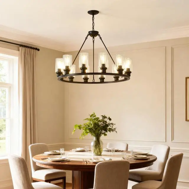 Alt view image 4 of 7 - Black Wagon Wheel Chandelier 34.25inch Modern Farmhouse Glass Pendant Light 12-Light Ceiling Hanging Lighting Fixtures for Living Room Dining Room Kitchen Island Foyer--No included Bulbs--Coffee Brown