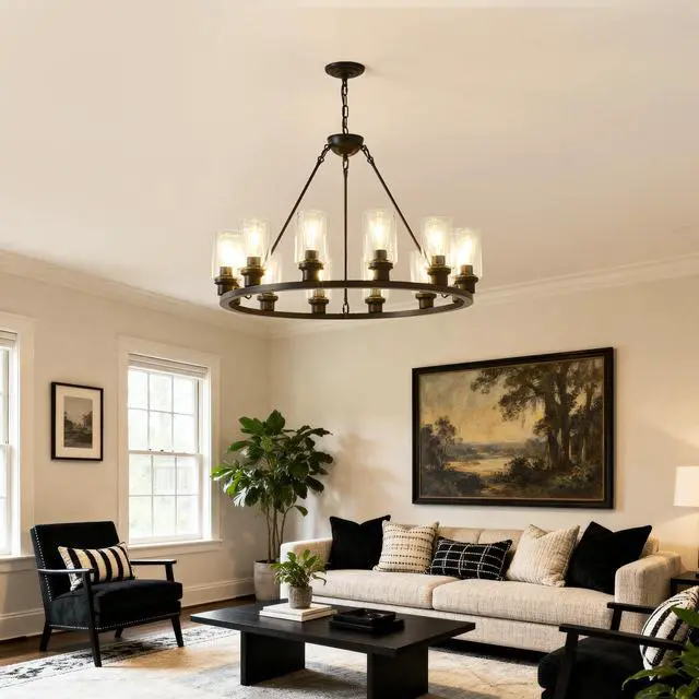 Alt view image 3 of 7 - Black Wagon Wheel Chandelier 34.25inch Modern Farmhouse Glass Pendant Light 12-Light Ceiling Hanging Lighting Fixtures for Living Room Dining Room Kitchen Island Foyer--No included Bulbs--Coffee Brown