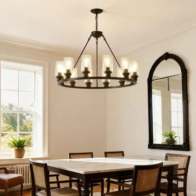 Alt view image 2 of 7 - Black Wagon Wheel Chandelier 34.25inch Modern Farmhouse Glass Pendant Light 12-Light Ceiling Hanging Lighting Fixtures for Living Room Dining Room Kitchen Island Foyer--No included Bulbs--Coffee Brown