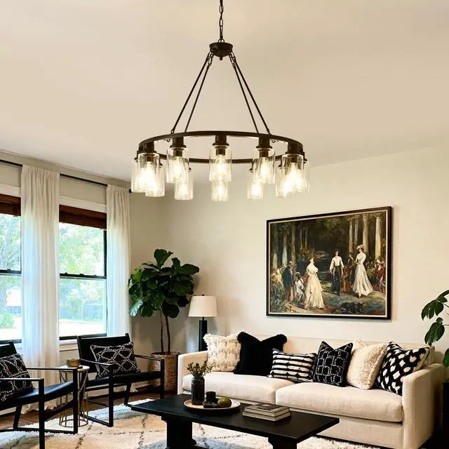 Alt view image 5 of 7 - Black Wagon Wheel Chandelier 34.25inch Modern Farmhouse Glass Pendant Light 12-Light Ceiling Hanging Lighting Fixtures for Living Room Dining Room Kitchen Island Foyer--No included Bulbs--Coffee Brown