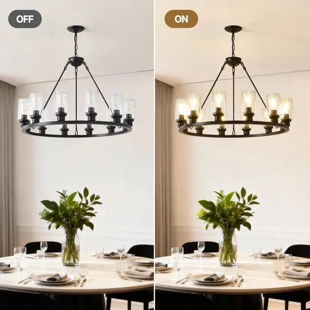 Alt view image 7 of 7 - Black Wagon Wheel Chandelier 34.25inch Modern Farmhouse Glass Pendant Light 12-Light Ceiling Hanging Lighting Fixtures for Living Room Dining Room Kitchen Island Foyer--No included Bulbs--Coffee Brown