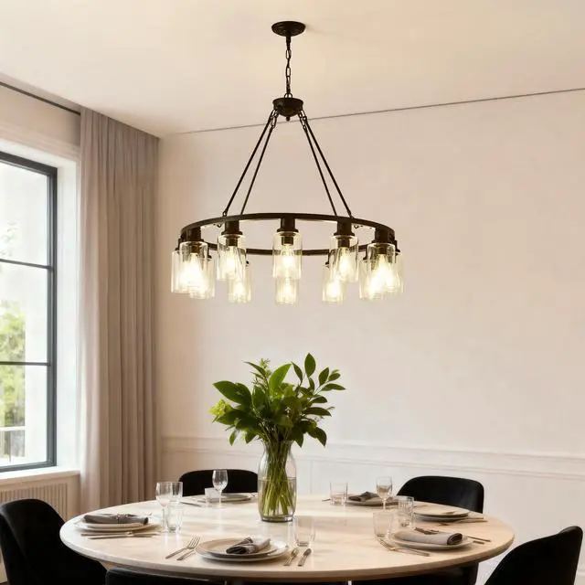 Alt view image 6 of 7 - Black Wagon Wheel Chandelier 34.25inch Modern Farmhouse Glass Pendant Light 12-Light Ceiling Hanging Lighting Fixtures for Living Room Dining Room Kitchen Island Foyer--No included Bulbs--Coffee Brown