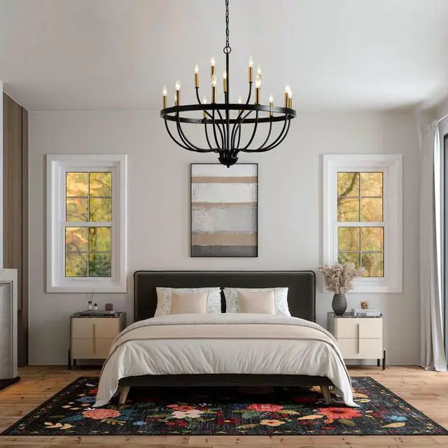 Alt view image 2 of 7 - 15-Light Chandelier industrial Iron Candle Chandelier Modern Suspended Farmhouse Pendant Light Fixtures for Dining Room Bedroom Living Room Kitchen Island Foyer (No include Bulb) Gold + Black