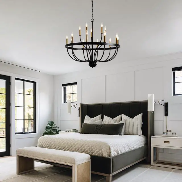Alt view image 3 of 7 - 15-Light Chandelier industrial Iron Candle Chandelier Modern Suspended Farmhouse Pendant Light Fixtures for Dining Room Bedroom Living Room Kitchen Island Foyer (No include Bulb) Gold + Black