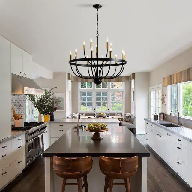 Alt view image 7 of 7 - 15-Light Chandelier industrial Iron Candle Chandelier Modern Suspended Farmhouse Pendant Light Fixtures for Dining Room Bedroom Living Room Kitchen Island Foyer (No include Bulb) Gold + Black