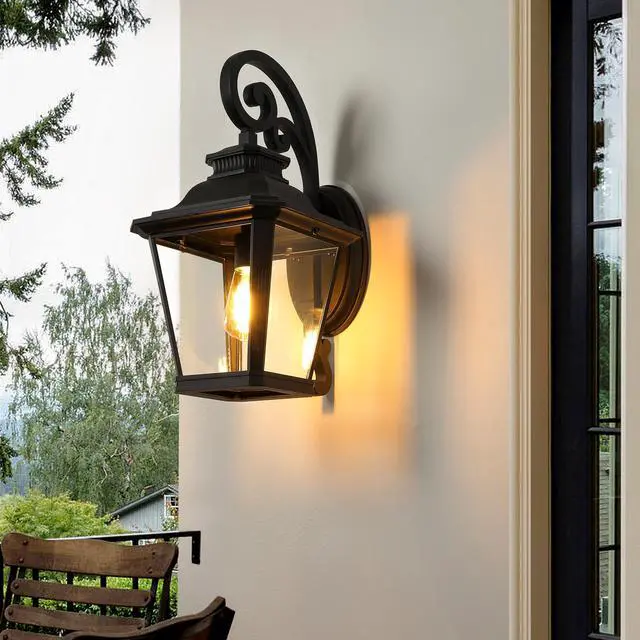 Main image of 21"(H) 1-Pack Outdoor Wall Lantern Light Vintage Black Metal & Clear Glass Sconce with Decorative Scroll Design for Porch, Patio, and Garden Lighting (Bulb Not included)