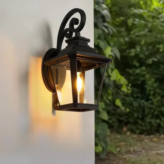 Alt view image 3 of 7 - 21"(H) 1-Pack Outdoor Wall Lantern Light Vintage Black Metal & Clear Glass Sconce with Decorative Scroll Design for Porch, Patio, and Garden Lighting (Bulb Not included)