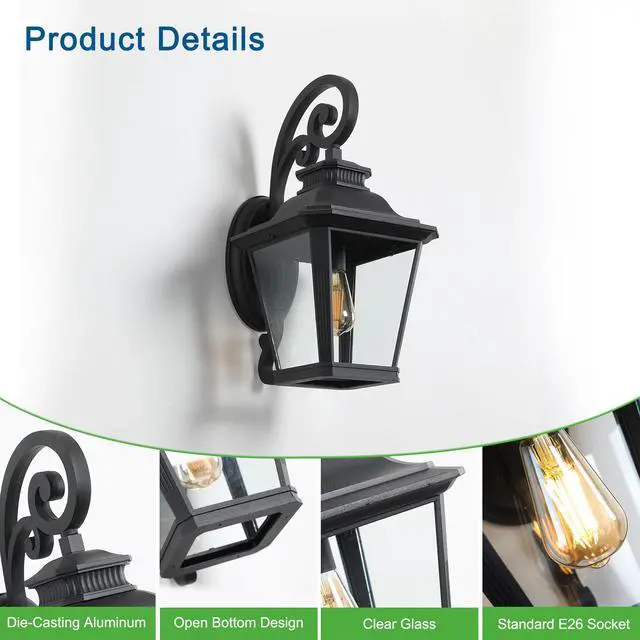 Alt view image 7 of 7 - 21"(H) 1-Pack Outdoor Wall Lantern Light Vintage Black Metal & Clear Glass Sconce with Decorative Scroll Design for Porch, Patio, and Garden Lighting (Bulb Not included)