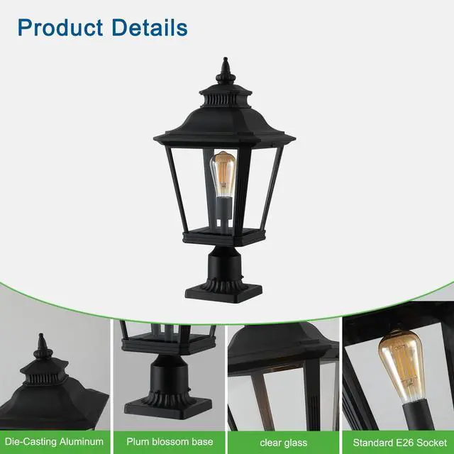 Alt view image 6 of 7 - 21"(H) 1-Pack Outdoor Post Lantern Light Vintage Black Metal & Clear Glass Pillar Lamp for Garden, Gate, Driveway, and Pathway Lighting with Elegant Design (Bulb Not included)