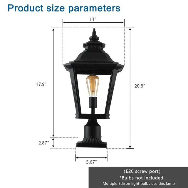 Alt view image 7 of 7 - 21"(H) 1-Pack Outdoor Post Lantern Light Vintage Black Metal & Clear Glass Pillar Lamp for Garden, Gate, Driveway, and Pathway Lighting with Elegant Design (Bulb Not included)