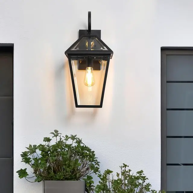 Alt view image 2 of 7 - 21"(H) 1-Pack Outdoor Wall Lantern Light Modern Black Metal & Clear Glass Sconce for Porch, Patio, and Garden Lighting (Bulb Not included)