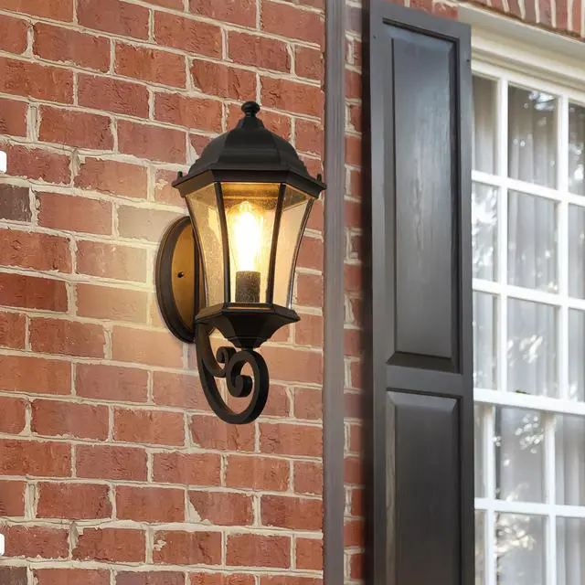 Alt view image 2 of 7 - 1-Pack Vintage Wall-Mounted Outdoor Lantern Light Elegant Black Metal Sconce for Porch, Patio, and Garden Lighting (Bulb Not included)