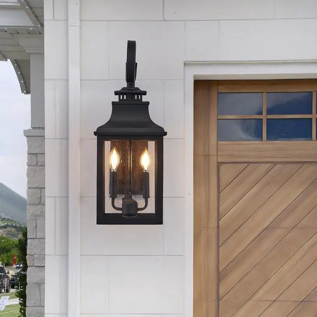 Alt view image 2 of 7 - 23"(H) 1-Pack Outdoor Wall Lantern Light Vintage Black Metal Sconce with Clear Seeded Glass for Porch, Patio, and Garden (Bulb Not included)