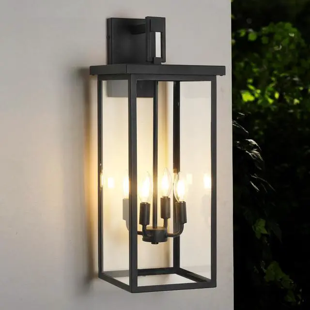 Main image of 26"(H) 1Ps Modern Outdoor Wall Lanterns with Black Metal Frame and Clear Glass, 4 E12 Bulb Socket, Weatherproof Wall Sconces for Porch, Garden, Patio (No Bulbs)